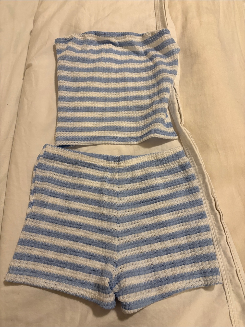 SHEIN Blue and White Striped Knit Tube Top & Shorts Set